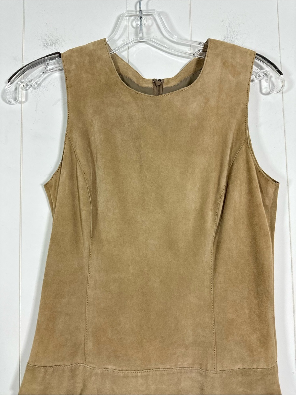 Etcetera Women’s Size 0 Tan Beige Layered Suede Mini Dress Sleeveless Back Zip - Picture 2 of 10